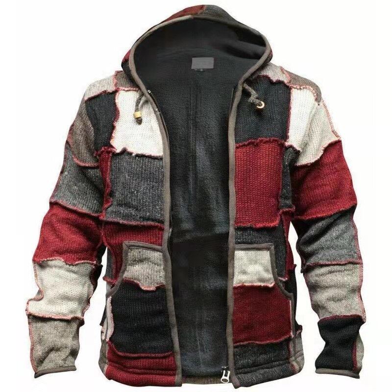 Gbolsos New Men Cardigan Hooded Coat Casual Loose Ethnic Long Sleeve Vintage Patchwork Knitted Jacket Male Outwear Pluse Size S-6XL