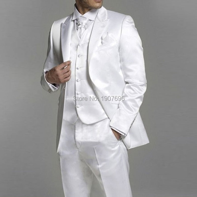 Gbolsos 3 piece White Satin Men Suits for Wedding Groom Tuxedos Peaked Lapel Custom Formal Man Suit Set Jacket Vest with Pants