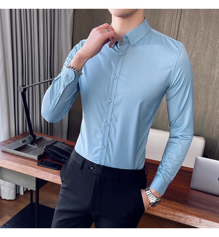 Gbolsos Elegant Fashion Gentleman Black Classic Mens Clothing Large Sizes Light Blue England Work Shirts Men Social Slim Button Up Dress