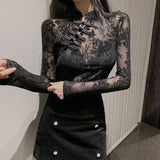 Gbolsos Girls Transparent Lace Blouses Shirts Tees Female Chinese Style Turtleneck Vintage Full Sleeve Black Blouses Tops For Women