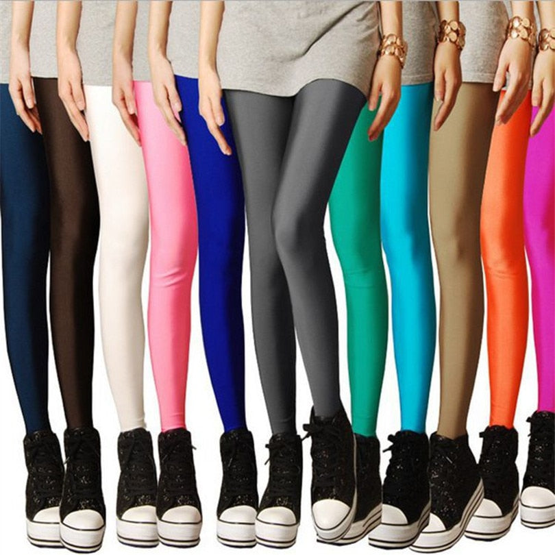 Gbolsos Women Shiny Gym Pants Fitness Leggings Candy Color Ankle Length Trousers Solid Fluorescent Spandex Elastic New Bottom