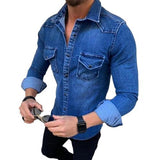 Gbolsos Spring Autumn Mens Jeans Shirt Long Sleeve Denim Shirts for Men Soft Cotton Two Pockets Slim Elastic Denim Shirts chemise homme