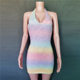 Gbolsos V-Neck Knitted Dress Tie-Dye Holiday Party Backless Beach Cover-Up Dress Bodycon Slim Sleeveless Summer Mini Sweater Dress