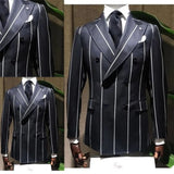 Gbolsos Handsome Newest White Pinstripe Black Men Suits Outwear Fit Slim Formal Coat Wide Lapel Blazer Double Breasted Overcoat Tuxedos