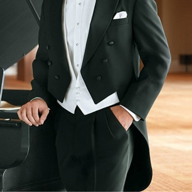 Gbolsos Black Wedding Tail Coat for Groom Dinner Party Tuxedo 3 Piece Formal Men Suits with White Vest Pants Male Fashion Prom Bridegro