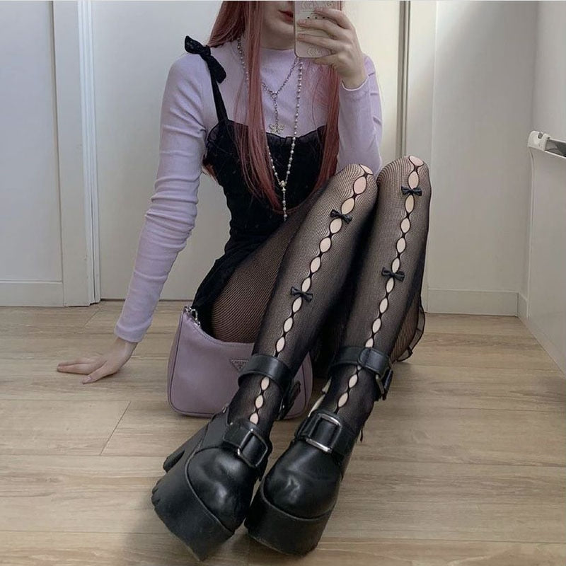 Gbolsos Lolita Goth Lace Stockings Women Harajuku Tights Elastic High Waist Pantyhose Hollow Sexy Leggings with Bowknot 90s
