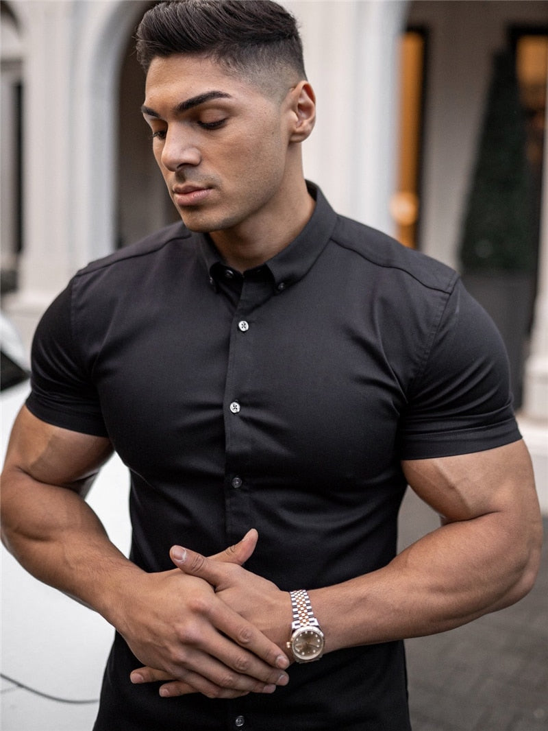 Gbolsos Summer Fashion Short Sleeve Shirt Men Super Slim Fit Male Casual Social Business Dress Shirt Brand Men Fitness Sports Clothing