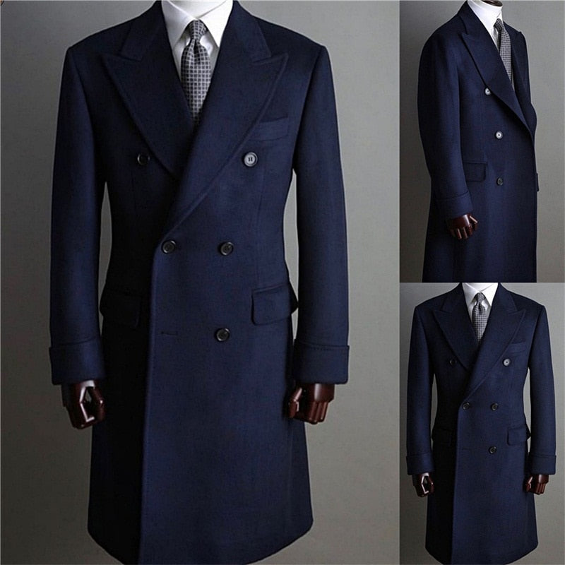 Gbolsos Formal Navy Men Suits Thick Wool Custom Made Men Jacket Double Breasted Tuxedos Peaked Lapel Blazer Business Long Coat