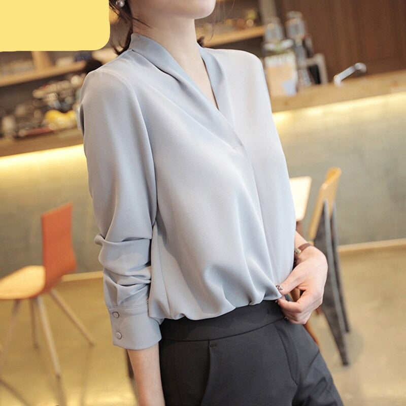Gbolsos New Chiffon White V-neck Women's Blouses Long Sleeve Spring High Street Shirt Ladies Top Chemisier S-XXL Solid Color