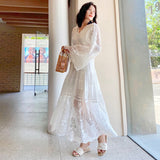 Vintage Women's Dresses Hollow Flower Embroidery V-Neck Puff Sleeve Midi Dress Bow Lace-Up Bohemian Prom Dress White
