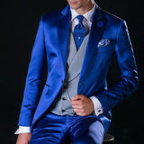 Gbolsos Royal Blue Satin Men Suits for Wedding with Gray Waistcoat Slim Fit Groom Tuxedos Male Fashion 3 Pieces (Jacket+vest+Pants)