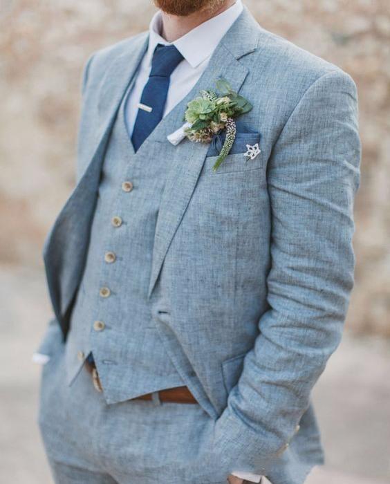 Gbolsos Spring Summer Custom Made Light Blue Linen Men Suits Wedding Suits Slim Fit 3 Pieces Tuxedos Best Man Suits (Jacket+Pants+Vest)