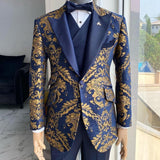 Gbolsos Floral Jacquard Tuxedo Suits for Men Wedding Slim Fit Navy Blue and Gold Gentleman Jacket with Vest Pant 3 Piece Male Costume