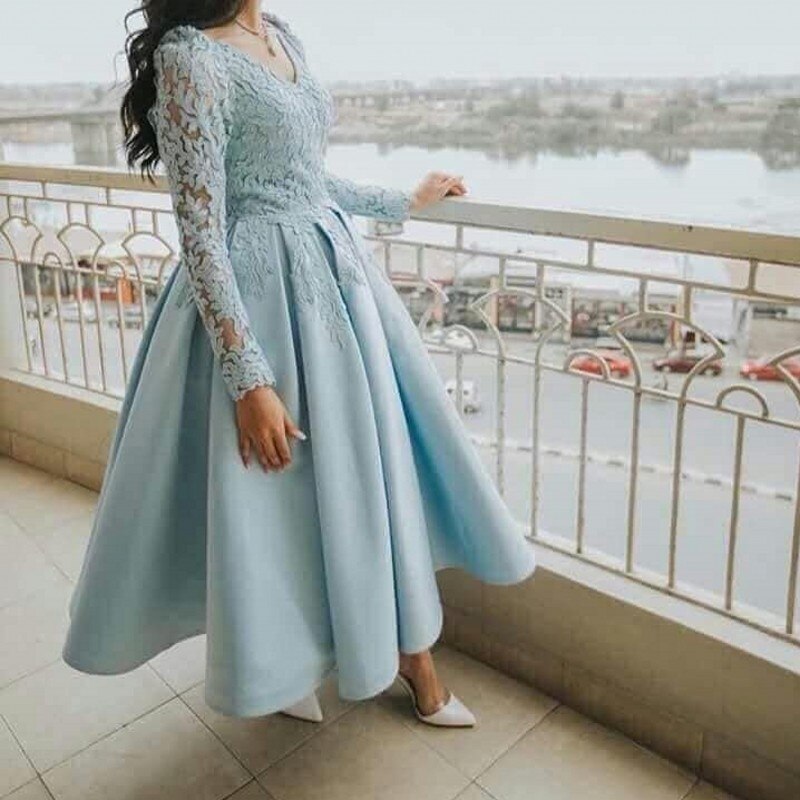 Sexy Gala Dress Plus Size African Long Sleeve Short Evening Dresses   Light Blue Laces Simple Prom Dress vestidos formales