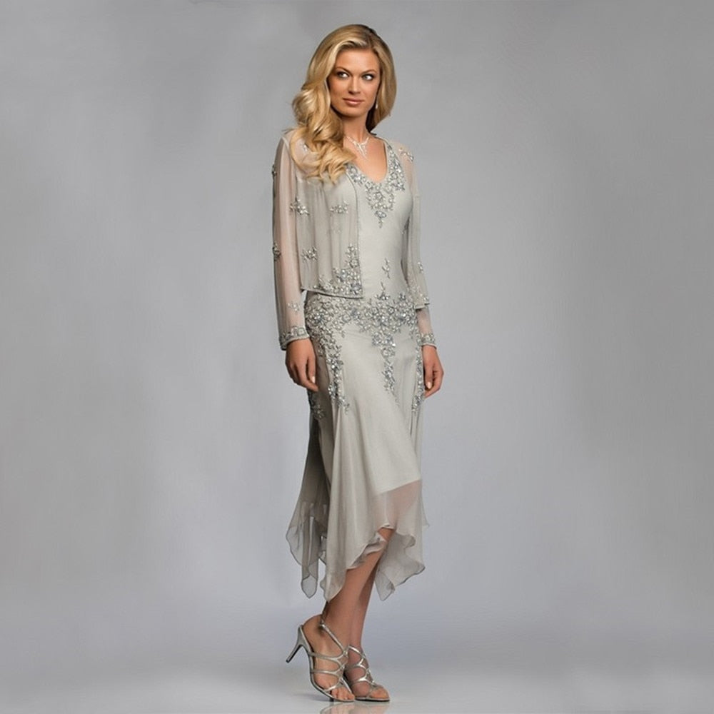 Silver Chiffon Mother of the Bride Groom Dresses with Jackets for Summer Wedding Party Gowns Tea Length Lace Godmother
