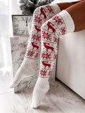 Gbolsos Christmas Women Knitted Cotton Woolen Stocking Warm Thigh High Over the Knee Cute Deer Printing Socks Twist Cable Crochet