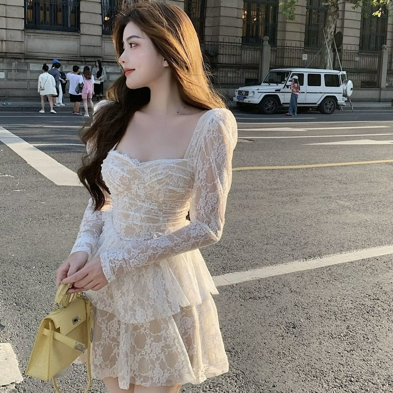 French Sweet Lace Fairy Dress Women Sexy Slim Korean Party Vintage Dress   Elegant Princess Long Sleeve Ruffles Retro Dresses