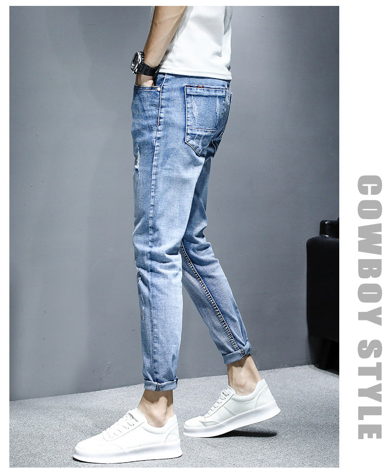 Gbolsos2021  teenagers Denim Jeans men's Korean feet brand stretch men's trousers summer thin casual ripped ankle length pants