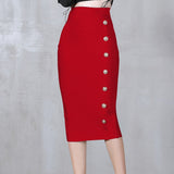 Summer Elegant Midi Pencil Skirt High Waist Bandgae Skirt Black Elastic Bandage Skirts Button Women Clothes