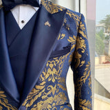 Gbolsos Floral Jacquard Tuxedo Suits for Men Wedding Slim Fit Navy Blue and Gold Gentleman Jacket with Vest Pant 3 Piece Male Costume