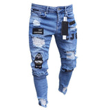 Gbolsos Men Stretchy Ripped Skinny Biker Embroidery Cartoon Print Jeans Destroyed Hole Slim Fit Denim High Quality Hip Hop Black Jeans