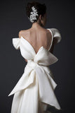 Big Bow dubai arabic Women Formal Wear Cheap Unique Design prom Dresses New White Long Court Train Ruffles Backless Evening Gown