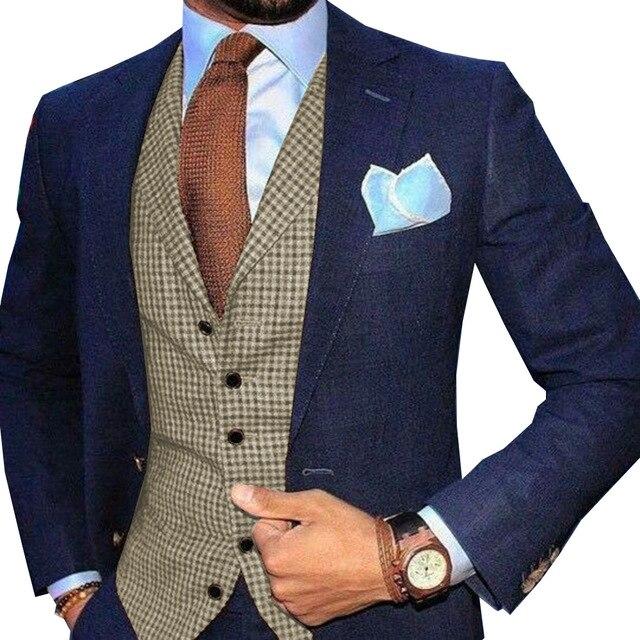 Gbolsos Mens Suit Vest Plaid Coffe Champagne Wedding Wool Business Waistcoat Jacket Casual Slim Fit Gilet Homme Vests For Groosmen