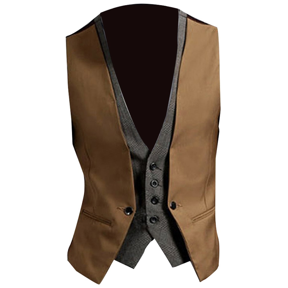 Gbolsos Men Formal Waistcoat Vest Business Solid Color Single Button Vest gilet Fake Two-pieces V Neck Casual S-lim chalecos para hombre
