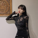 Gbolsos Girls Transparent Lace Blouses Shirts Tees Female Chinese Style Turtleneck Vintage Full Sleeve Black Blouses Tops For Women