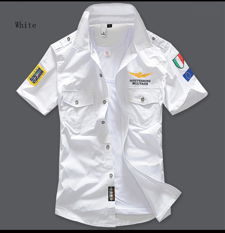 New Men's Shirts Summer Embroidery Short Sleeve Tops 100% Cotton Cool Casual Air Force Male Millitary Cargo Shirt Plus Size