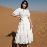 Vintage Women's Dresses Hollow Flower Embroidery V-Neck Puff Sleeve Midi Dress Bow Lace-Up Bohemian Prom Dress White