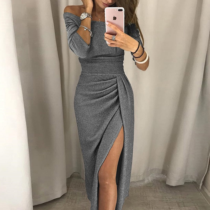 Gbolsos New High Waist Vintage Bling Sexy Dresses Women Autumn Off Shoulder Bright Silk Shiny Party Dress Lady Split Bodycon Dress