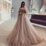 Dirty Pink  Evening Dresses Fairy Pleat Tulle Off The Shoulder Puff Sleeve Vestidos De Fiesta  Flowers Wedding Gown Custom Made