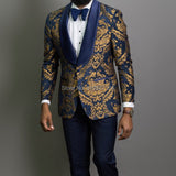 Gbolsos Navy Blue Floral Jacquard Prom Men Suits for Wedding 3 Piece Slim Fit Groom Tuxedo African Male Fashion Costume Jacket Pants