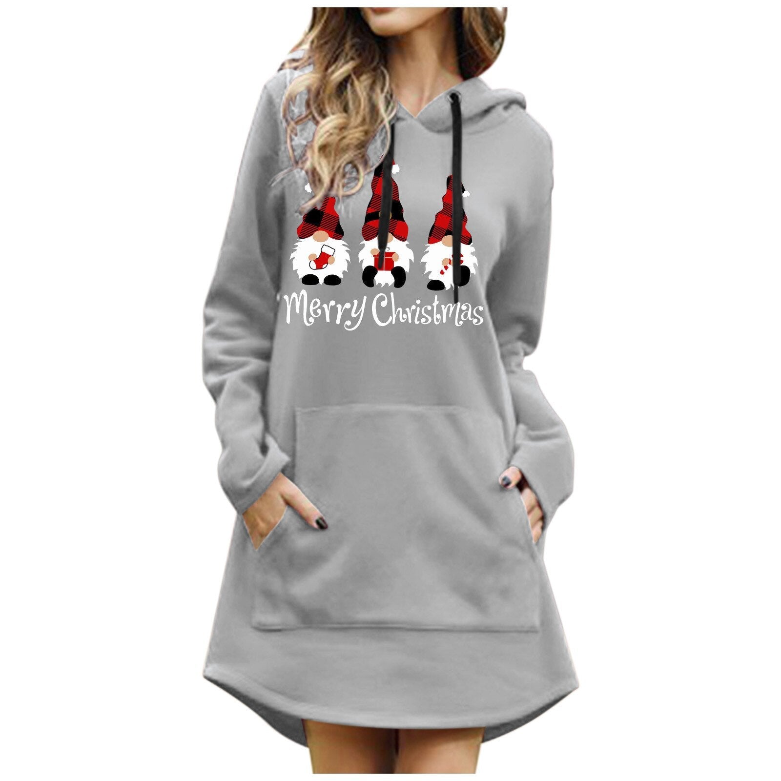 Gbolsos Women Christmas Sweatshirts Casual Solid Color Printing Pullover Hooded Pocket Long Sleeve Dress Платье #8