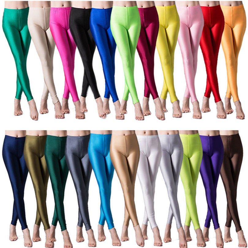 Gbolsos Women Solid Color Pants Leggings Shinny Elasticity Casual Trousers Fluorescent Spandex Candy Ankle-Length Knitted Bottom