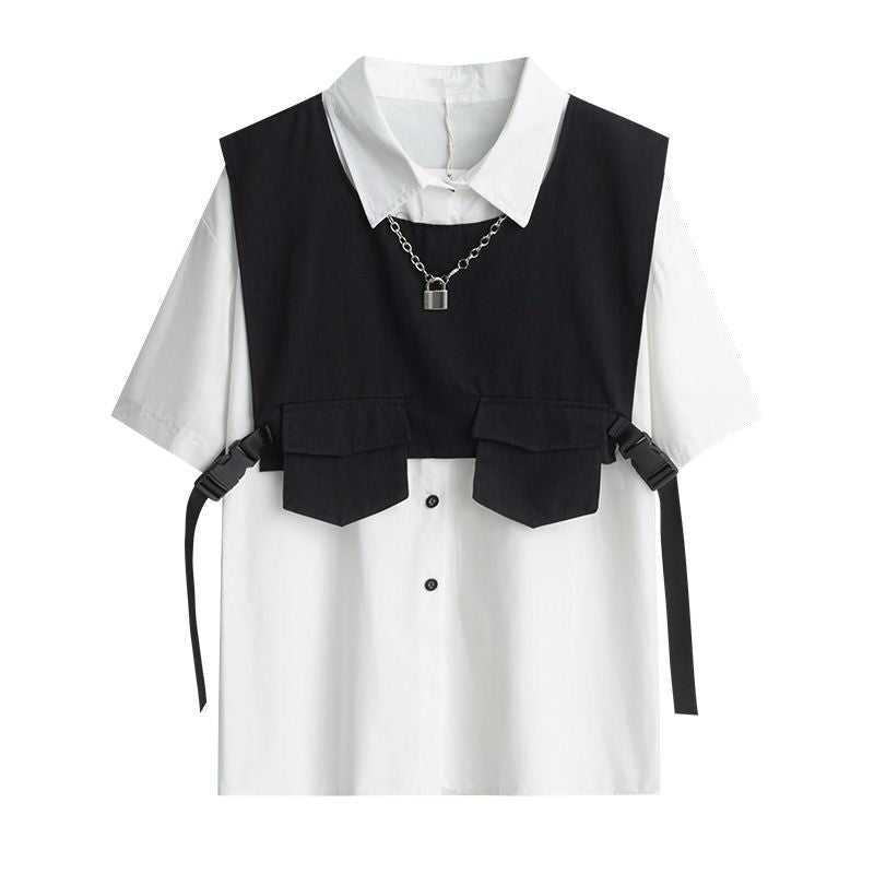 Vest 2-piece summer trend dark tooling functional style versatile cool shirt men's short sleeve loose top