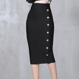 Summer Elegant Midi Pencil Skirt High Waist Bandgae Skirt Black Elastic Bandage Skirts Button Women Clothes