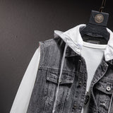 Gbolsos Plus size Short Denim Vest men Detachable Hooded Coat Spring summer Side pockets Sleeveless Jeans Jacket Men's Tops-4XL