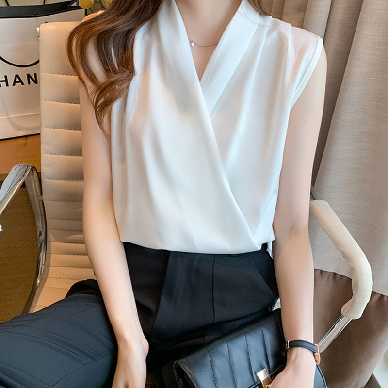 Gbolsos Womens Tops Blouses Solid Color White Satin Blouse Office Shirt Blusas Sleeveless Women Shirts Black White Female