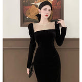 Gbolsos Black Elegant Evening Midi Dress Women Bodycon France Vintage Velvet Party Dress Ladies Korean Fashion Chic Dresses Autumn