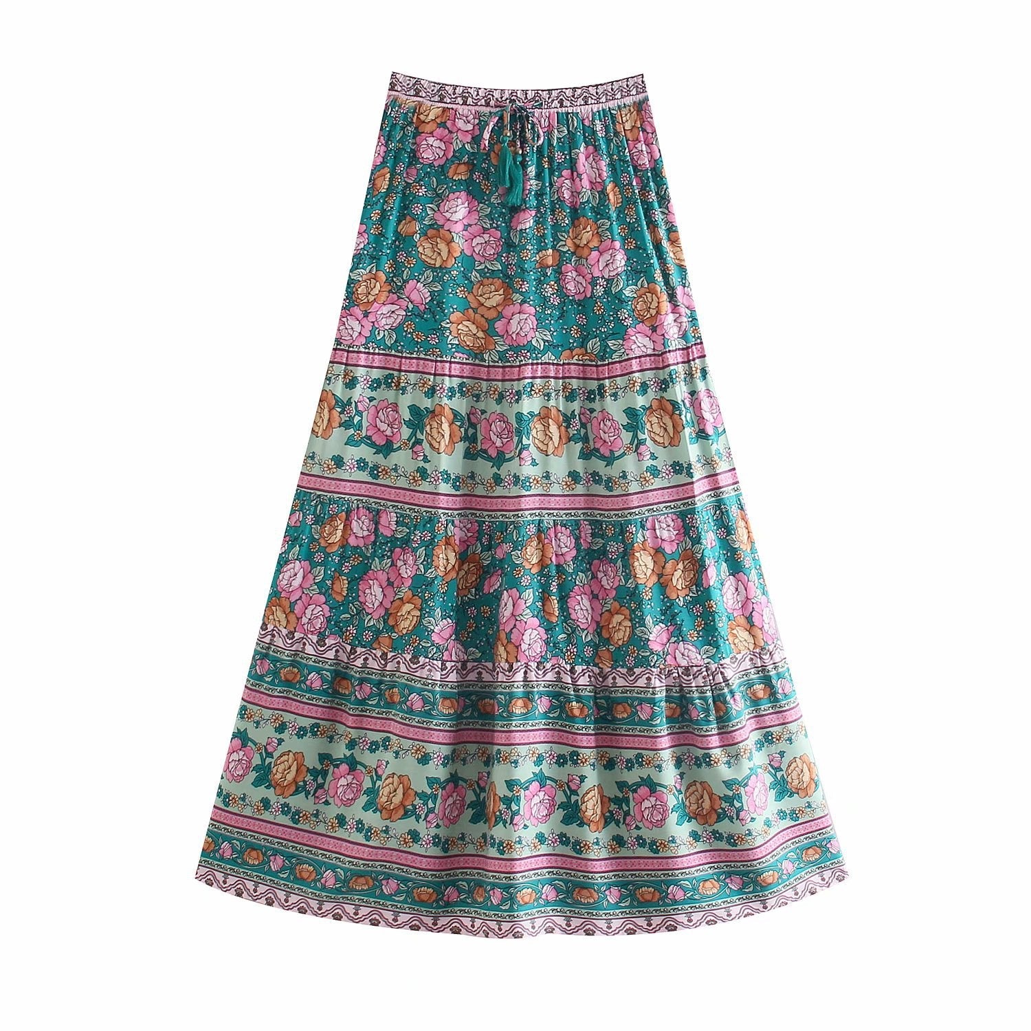Hipple Summer Women Skirts Bohemian Floral Print Elastic Waist Ruffle Skirt Vintage Casual Female Vacation Robe