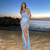 Gbolsos Sleeveless Halter Strap See-Through Pleat Slit Backless Sexy Dress Summer Women Streetwear Club Party Y2K