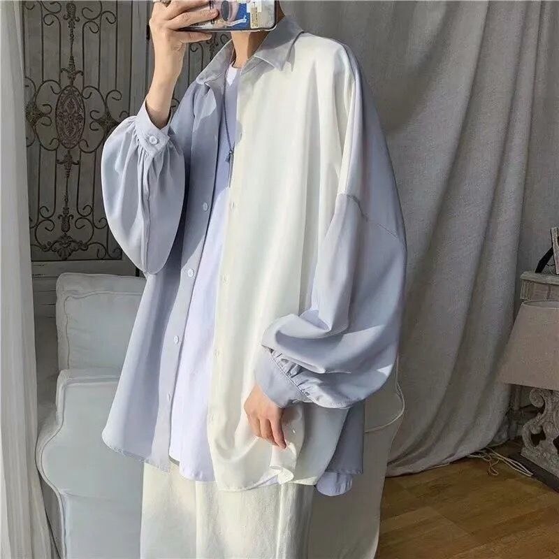 High street cold shirt men women aesthetic niche trend loose stitching long-sleeved blouse Hong Kong style lovers elegant shirt