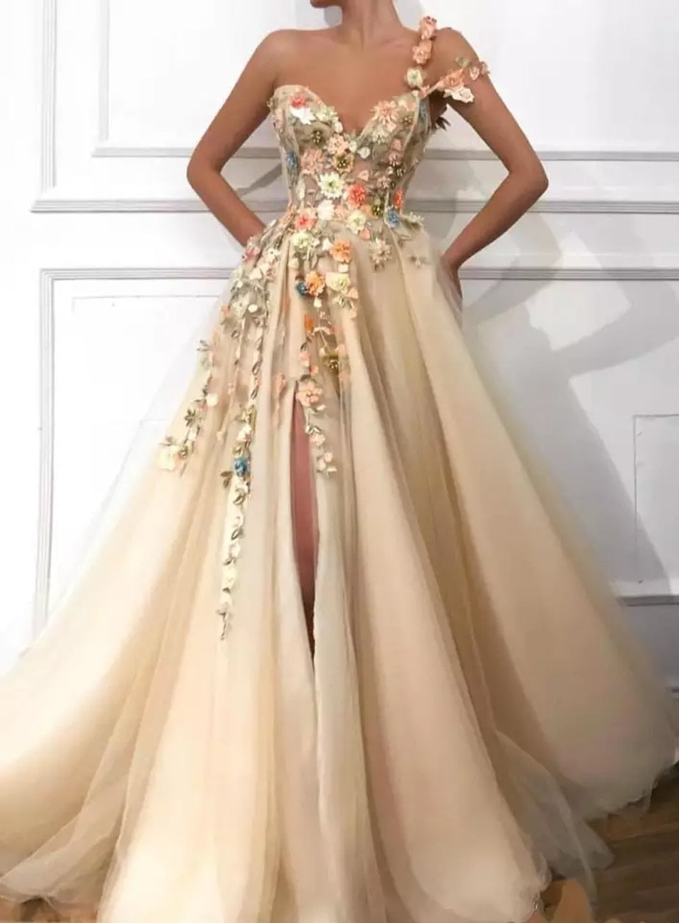Champagne Split Prom Dresses Long Evening Dress Lace Luxurious Appliques Flowers Evening Gown A-Line One Shoulder Vestidos robes