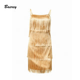 Basrey Sexy Nightclub Women's Sleeveless A-line Layered Fringe Trim Satin With Party Mini Dress DN80029