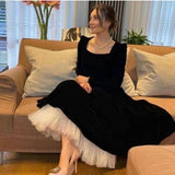 Gbolsos Modest Black Velvet Evening Dresses Long Sleeve Square Collar White Bottom Tea Length Formal Party Simple Prom Gown