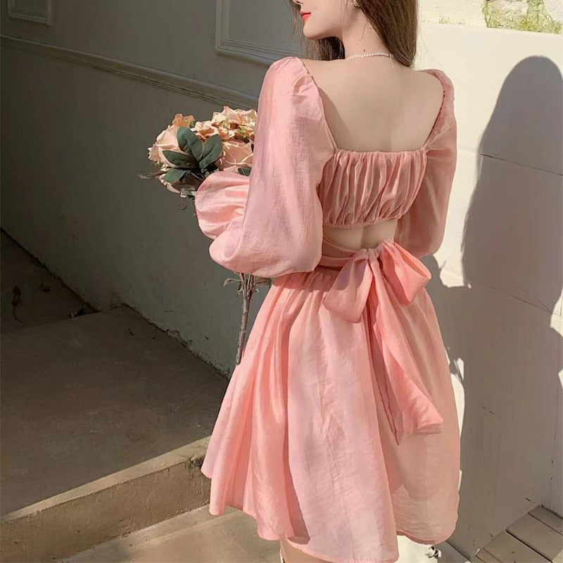 Pink Sweet Elegant Princess Dress Women Casual Korean Slim Long Sleeve Fairy Dress Female Backless Design Vintage Dress   New