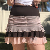 Gbolsos Y2K Aesthetic Pleated Skirts Women Low Waist Ruffles Mini Skirt Patchwork Pink Mesh Cute Kawaii Brown Bodycon Vintage Clothes