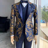 Gbolsos Floral Jacquard Tuxedo Suits for Men Wedding Slim Fit Navy Blue and Gold Gentleman Jacket with Vest Pant 3 Piece Male Costume